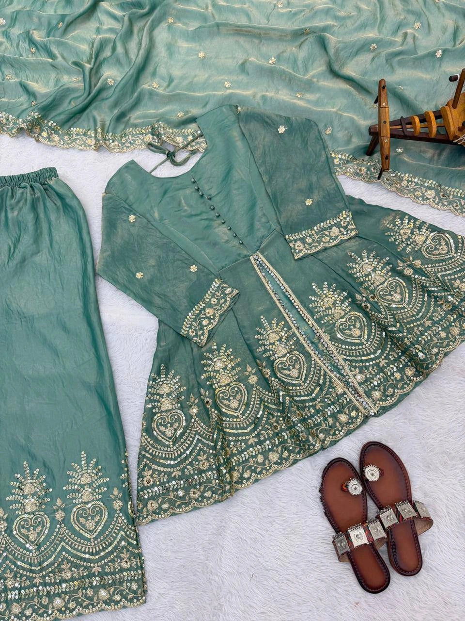 Sage Green Mirror Work Palazzo Suit flat lay 14 – Kalyanja KU304